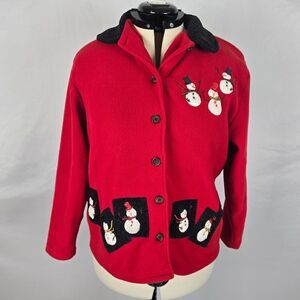 Karen Scott Coat Women's Small Red Black White Button Up Snowman Soft Vintage